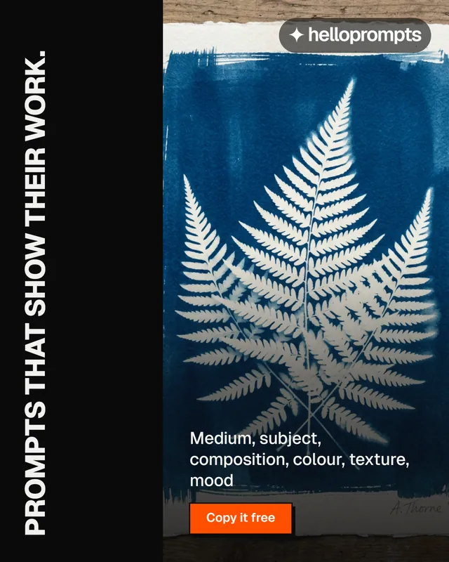 Instagram portrait post for HelloPrompts: "Prompts that show their work." Brutalist style, vertical layout, dark palette in black, blue, grey.