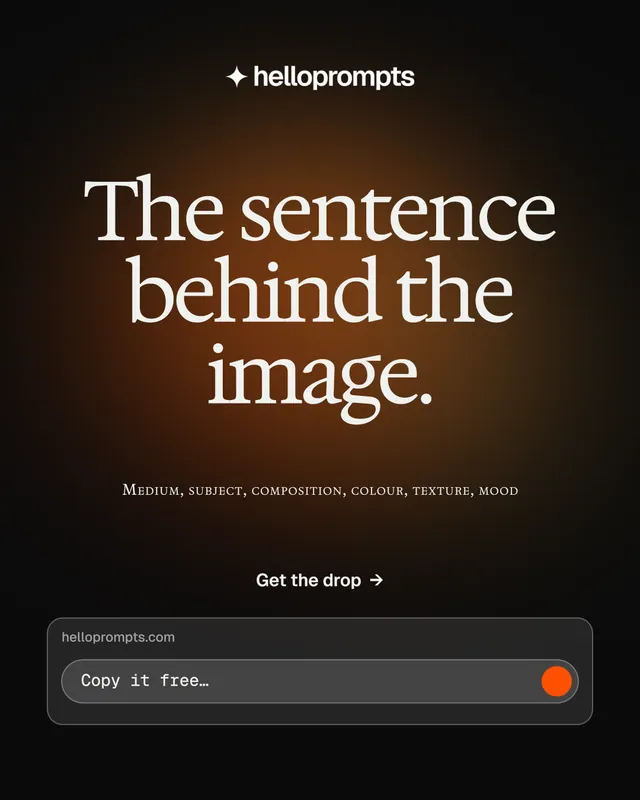 Instagram portrait post for HelloPrompts: "The sentence behind the image." Y2K style, smallcaps layout, dark palette in orange, black.