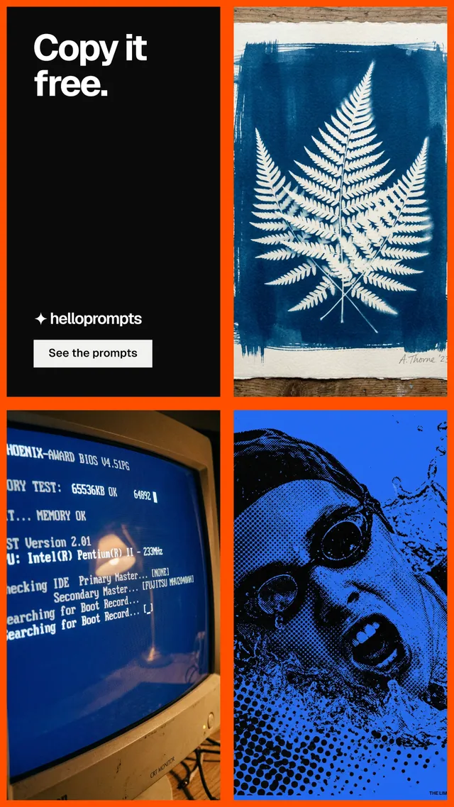 Instagram story for HelloPrompts: "Copy it free." Split block style, collage layout, dark palette in blue, black, grey.
