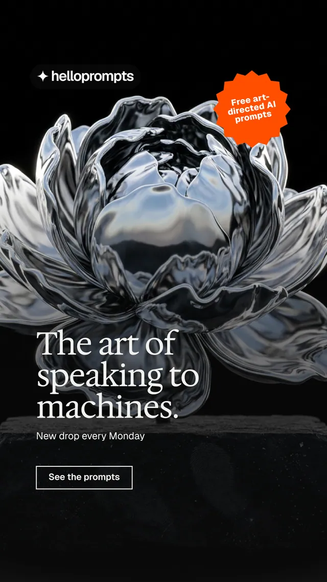 Instagram story for HelloPrompts: "The art of speaking to machines." Editorial style, sticker layout, dark palette in black, grey.