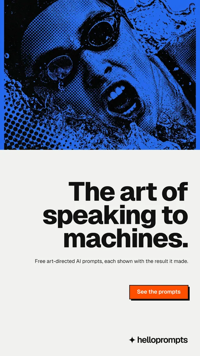 Instagram story for HelloPrompts: "The art of speaking to machines." Brutalist style, right layout, light palette in white, blue.