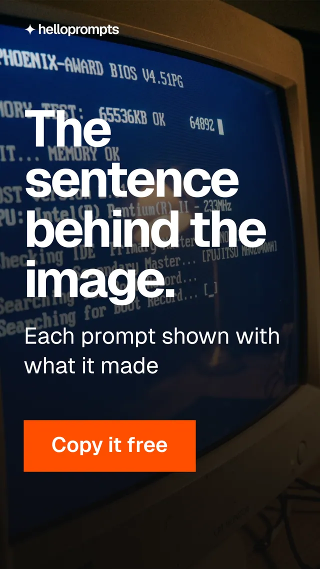 Instagram story for HelloPrompts: "The sentence behind the image." Swiss style, skeleton layout, dark palette in black, orange, grey.