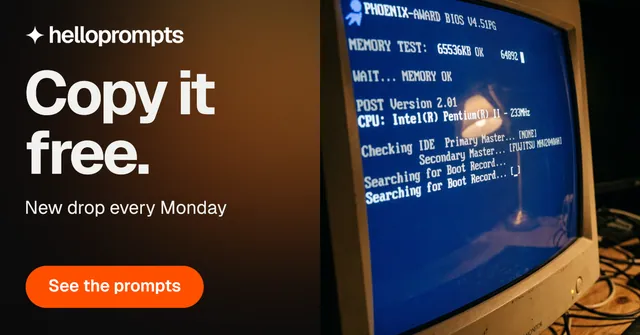 Social ad for HelloPrompts: "Copy it free." Y2K style, bottom layout, dark palette in black, orange, grey.
