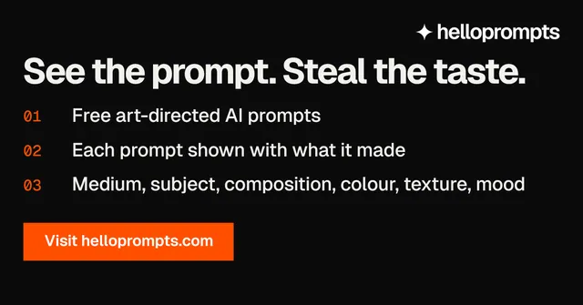 Social ad for HelloPrompts: "See the prompt. Steal the taste." Swiss style, numbered layout, dark palette in black, orange.
