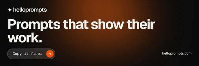 X header for HelloPrompts: "Prompts that show their work." Agentic glass style, poster layout, dark palette in orange, black.