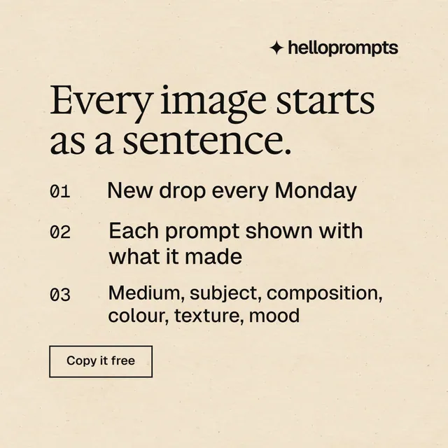 Instagram post for HelloPrompts: "Every image starts as a sentence." Editorial style, numbered layout, light palette in orange, grey.