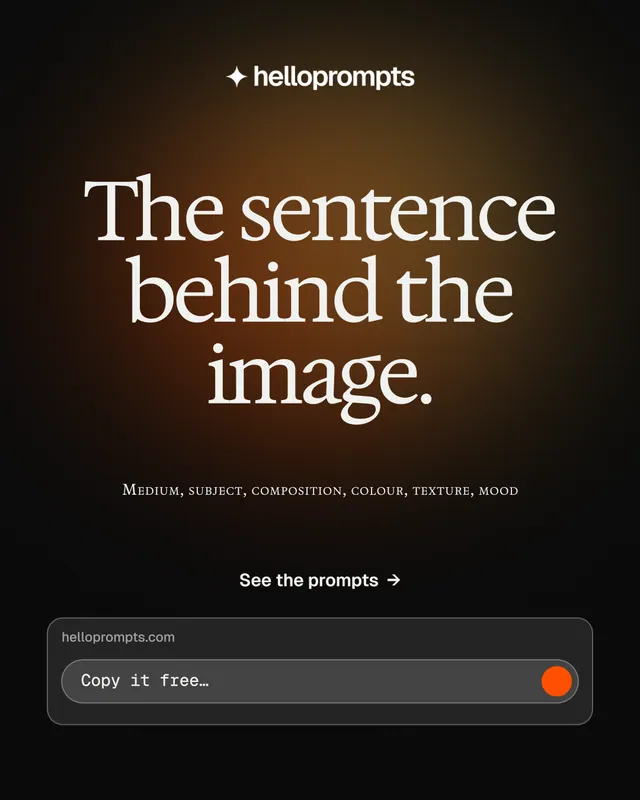 Instagram portrait post for HelloPrompts: "The sentence behind the image." Y2K style, smallcaps layout, dark palette in orange, black.