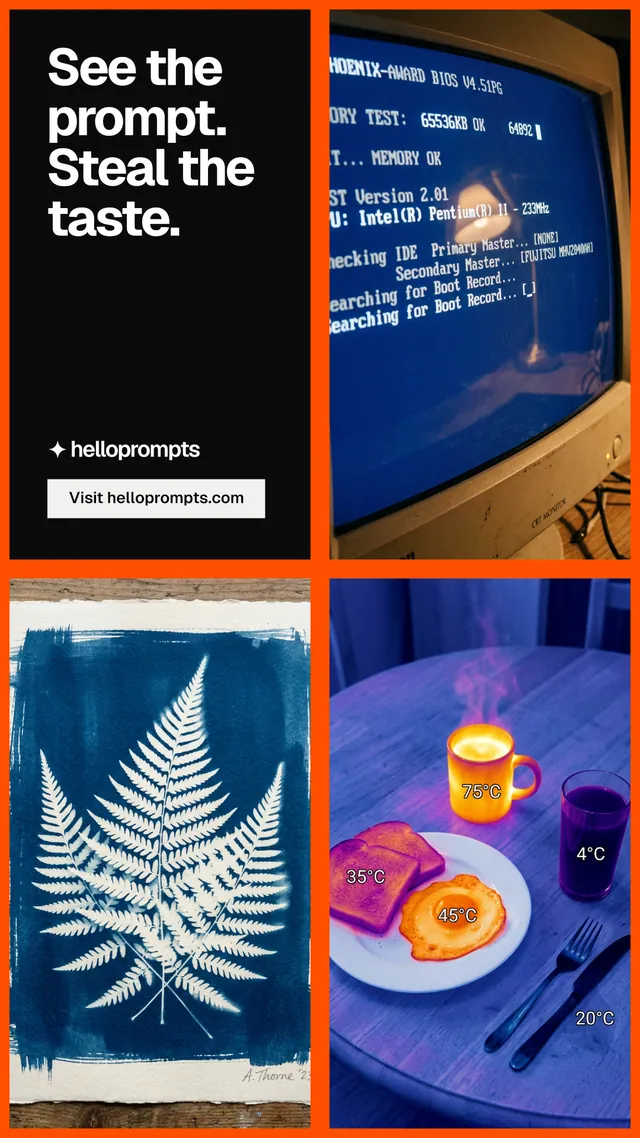 Instagram story for HelloPrompts: "See the prompt. Steal the taste." Split block style, collage layout, dark palette in grey, blue, black.