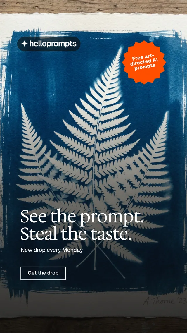 Instagram story for HelloPrompts: "See the prompt. Steal the taste." Editorial style, sticker layout, dark palette in blue, black, grey.