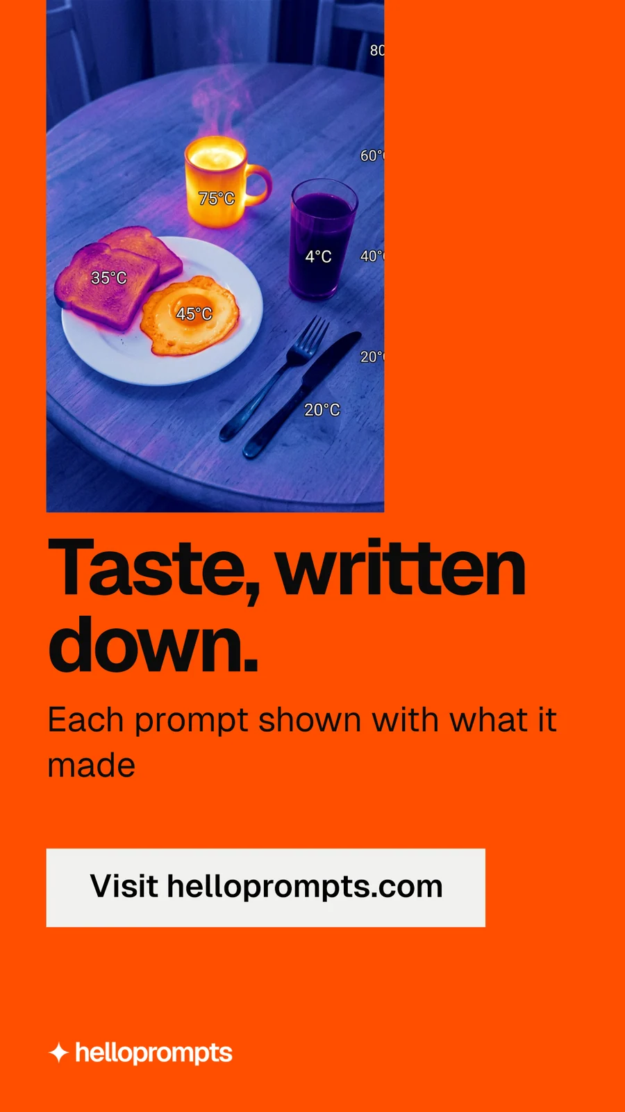 Instagram story for HelloPrompts: "Taste, written down." Swiss style, skeleton layout, dark palette in orange, red.