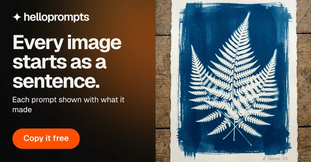 Social ad for HelloPrompts: "Every image starts as a sentence." Y2K style, bottom layout, dark palette in black, orange, grey.