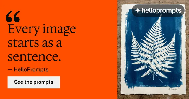 Social ad for HelloPrompts: "The sentence behind the image." Split block style, quote layout, light palette in orange, grey, red.