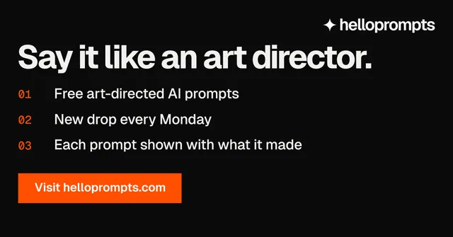 Social ad for HelloPrompts: "Say it like an art director." Swiss style, numbered layout, dark palette in black, orange.