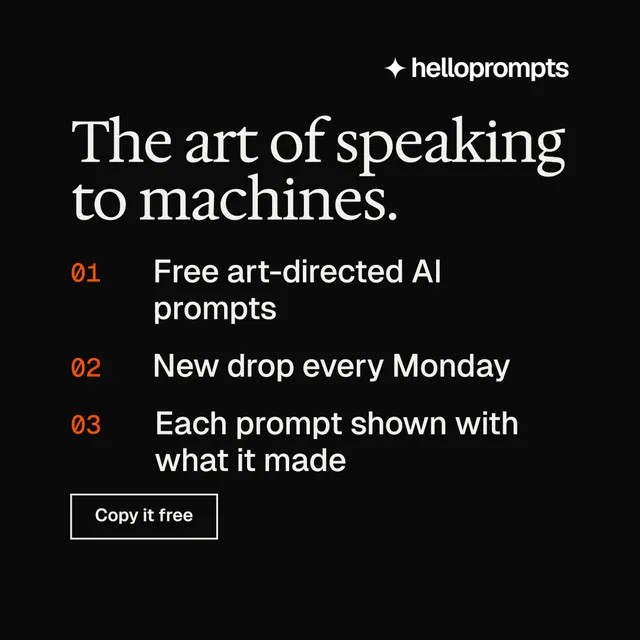 Instagram post for HelloPrompts: "The art of speaking to machines." Editorial style, numbered layout, dark palette in black, grey.