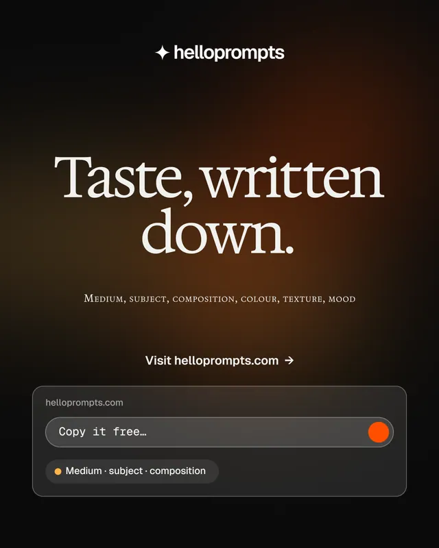 Instagram portrait post for HelloPrompts: "Taste, written down." Y2K style, smallcaps layout, dark palette in black, orange, grey.