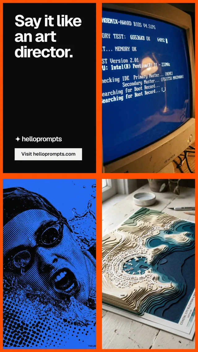 Instagram story for HelloPrompts: "Say it like an art director." Split block style, collage layout, dark palette in black, grey.