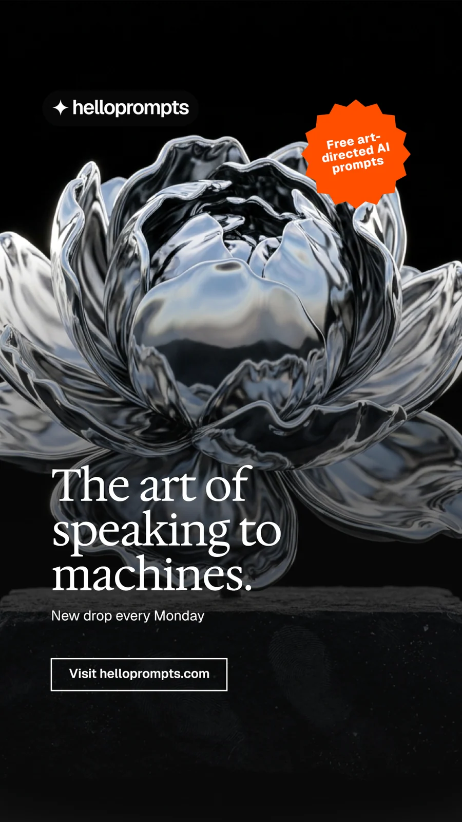Instagram story for HelloPrompts: "The art of speaking to machines." Editorial style, sticker layout, dark palette in black, grey.
