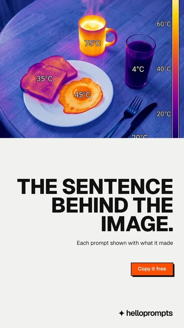 Instagram story for HelloPrompts: "The sentence behind the image." Brutalist style, right layout, light palette in white, blue, grey.