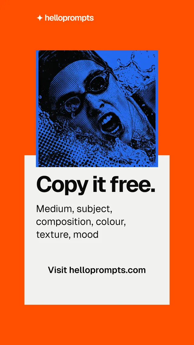 Instagram story for HelloPrompts: "Copy it free." Swiss style, skeleton layout, light palette in orange, white, blue.