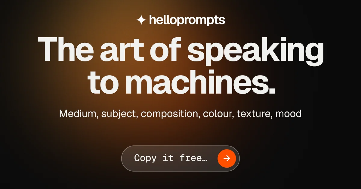 Social ad for HelloPrompts: "The art of speaking to machines." Agentic glass style, centred layout, dark palette in orange, black.