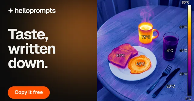Social ad for HelloPrompts: "Taste, written down." Y2K style, bottom layout, dark palette in blue, red, orange.
