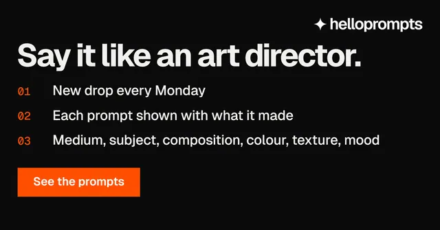 Social ad for HelloPrompts: "Say it like an art director." Swiss style, numbered layout, dark palette in black, orange.