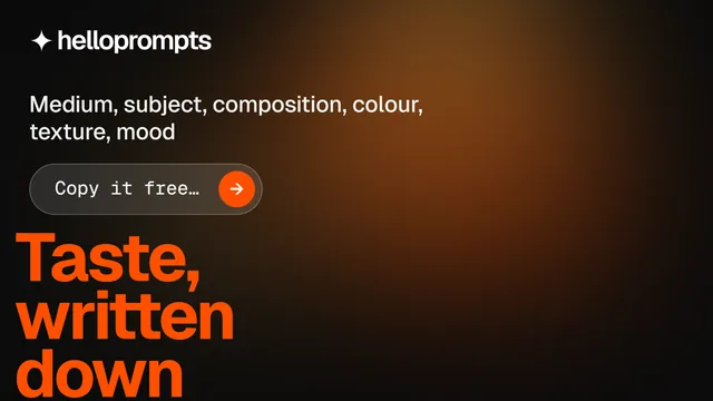 Landscape graphic for HelloPrompts: "Prompts that show their work." Agentic glass style, oversized layout, dark palette in black, orange.