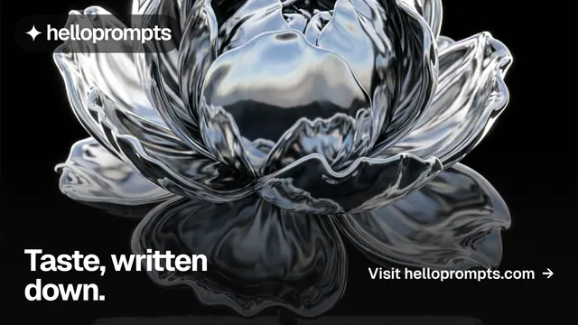 Landscape graphic for HelloPrompts: "Taste, written down." Swiss style, image led layout, dark palette in grey, black.