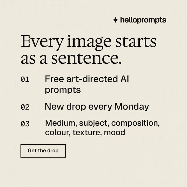 Instagram post for HelloPrompts: "Every image starts as a sentence." Editorial style, numbered layout, light palette in orange, yellow, grey.