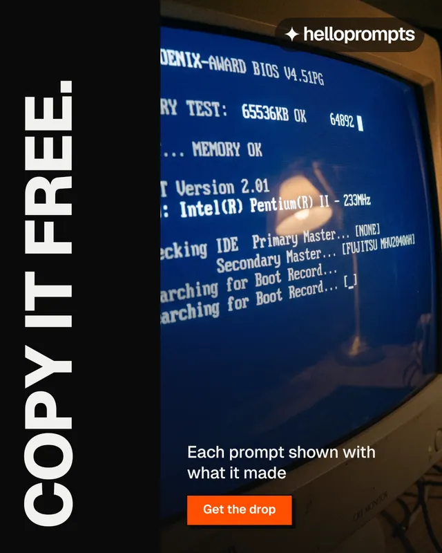 Instagram portrait post for HelloPrompts: "Copy it free." Brutalist style, vertical layout, dark palette in black, blue, grey.