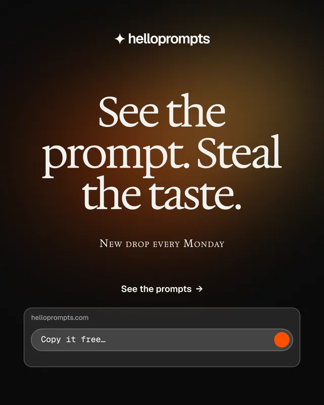Instagram portrait post for HelloPrompts: "See the prompt. Steal the taste." Y2K style, smallcaps layout, dark palette in black, orange, grey.