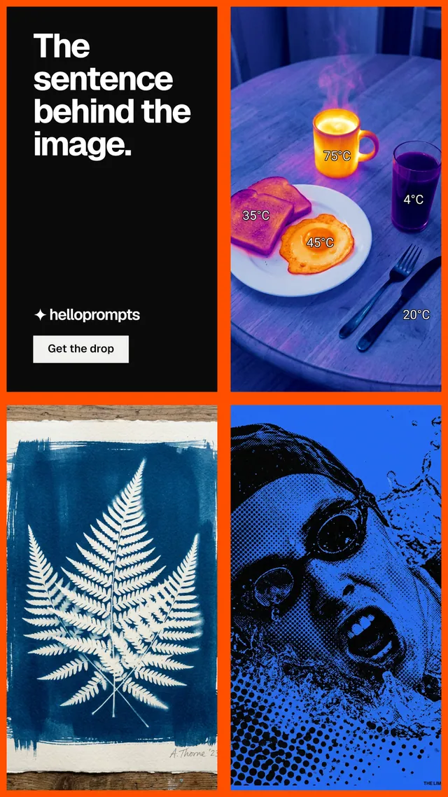 Instagram story for HelloPrompts: "The sentence behind the image." Split block style, collage layout, dark palette in blue, black, purple.