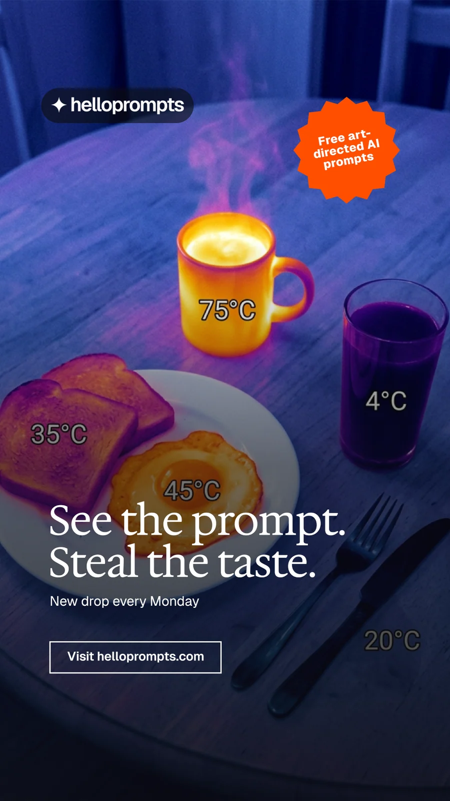 Instagram story for HelloPrompts: "See the prompt. Steal the taste." Editorial style, sticker layout, dark palette in blue, grey.