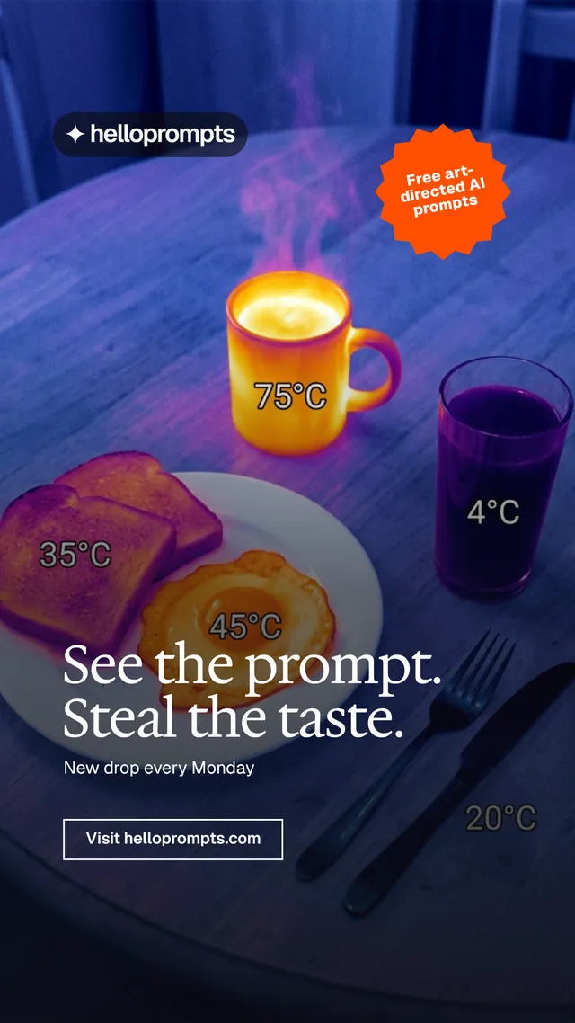 Instagram story for HelloPrompts: "See the prompt. Steal the taste." Editorial style, sticker layout, dark palette in blue, grey.