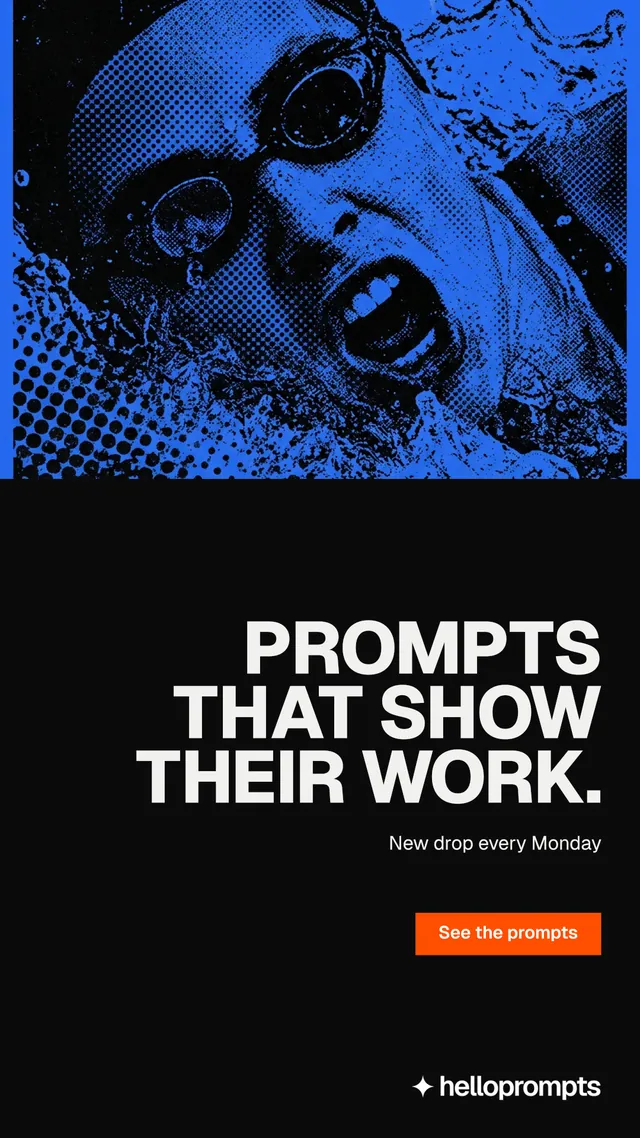 Instagram story for HelloPrompts: "Prompts that show their work." Brutalist style, right layout, dark palette in black, blue.