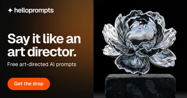 Social ad for HelloPrompts: "Say it like an art director." Y2K style, bottom layout, dark palette in orange, grey, black.