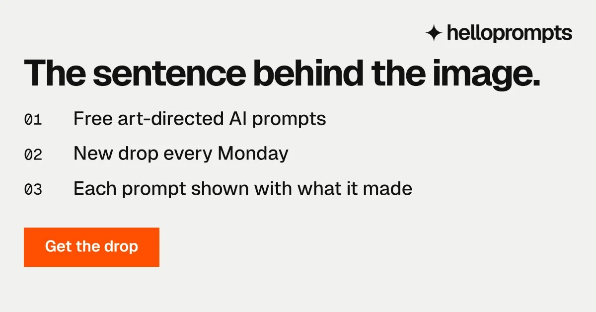 Social ad for HelloPrompts: "The sentence behind the image." Swiss style, numbered layout, light palette in white, orange, grey.