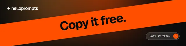 LinkedIn banner for HelloPrompts: "Copy it free." Agentic glass style, diagonal layout, dark palette in orange, black.