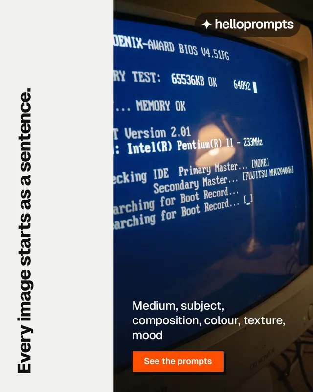 Instagram portrait post for HelloPrompts: "Every image starts as a sentence." Brutalist style, vertical layout, light palette in white, blue, black.
