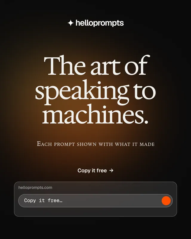 Instagram portrait post for HelloPrompts: "The art of speaking to machines." Y2K style, smallcaps layout, dark palette in orange, black.