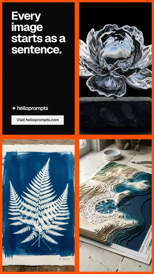 Instagram story for HelloPrompts: "Every image starts as a sentence." Split block style, collage layout, dark palette in black, grey, orange.