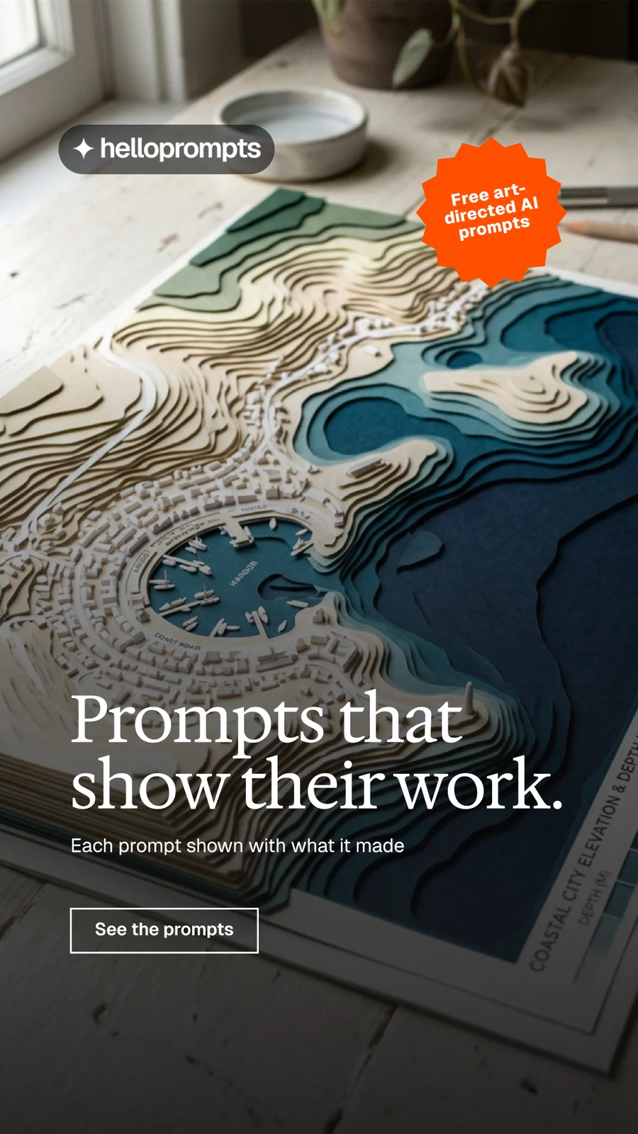 Instagram story for HelloPrompts: "Prompts that show their work." Editorial style, sticker layout, dark palette in grey, black.