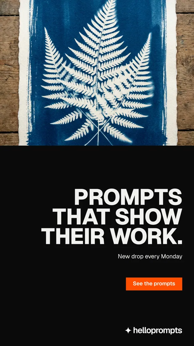 Instagram story for HelloPrompts: "Prompts that show their work." Brutalist style, right layout, dark palette in black, grey.
