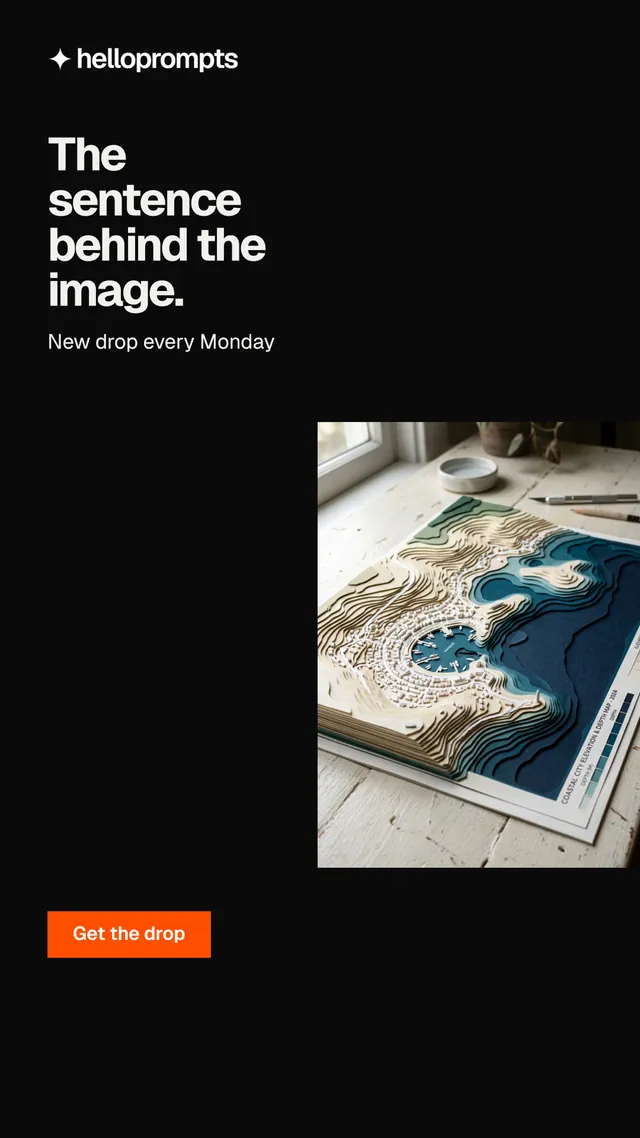 Instagram story for HelloPrompts: "The sentence behind the image." Swiss style, skeleton layout, dark palette in black, grey.