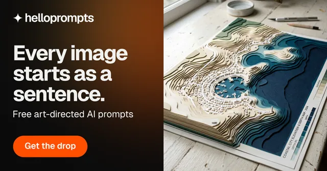 Social ad for HelloPrompts: "Every image starts as a sentence." Y2K style, bottom layout, dark palette in black, orange, grey.