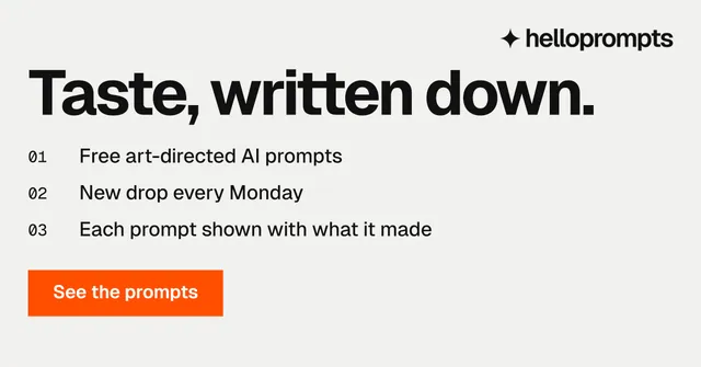 Social ad for HelloPrompts: "Taste, written down." Swiss style, numbered layout, light palette in white, brown.