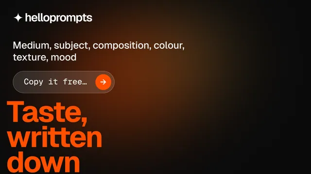 Landscape graphic for HelloPrompts: "The sentence behind the image." Agentic glass style, oversized layout, dark palette in black, orange, brown.