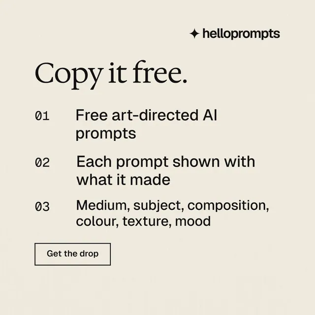 Instagram post for HelloPrompts: "Copy it free." Editorial style, numbered layout, light palette in orange, grey, yellow.