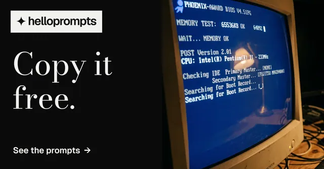 Social ad for HelloPrompts: "Copy it free." Minimal luxury style, bottom layout, dark palette in black, blue, grey.