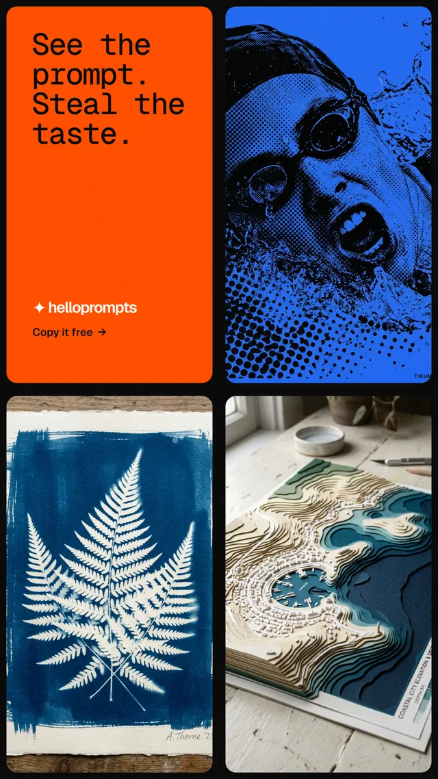 Instagram story for HelloPrompts: "See the prompt. Steal the taste." Agentic glass style, collage layout, dark palette in blue, red, grey.